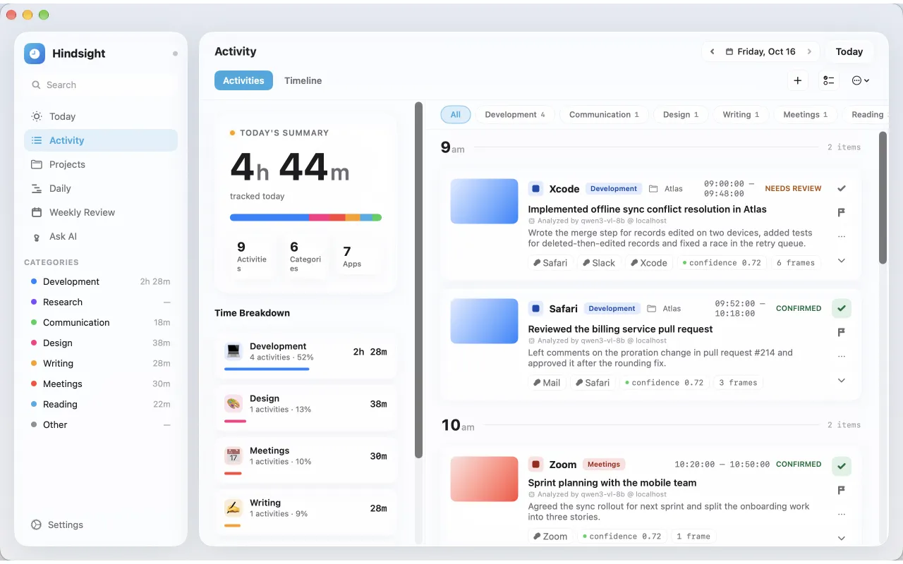 The Activity log with start and end times for each activity