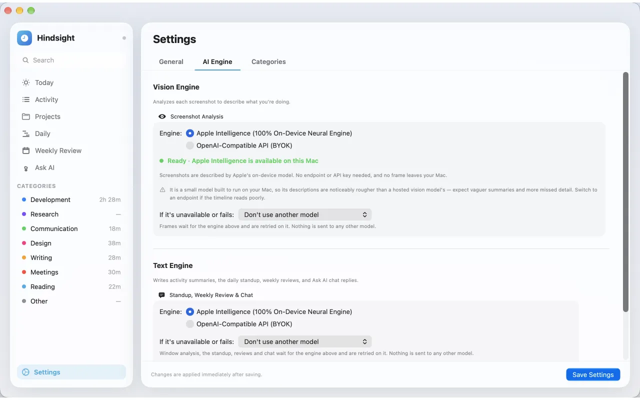 AI Engine settings with separate vision and text engines